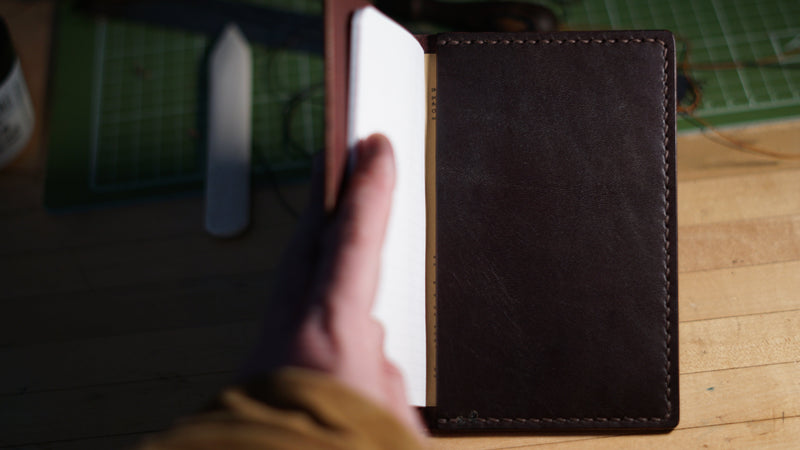 Close up of a Cove notebook cover showing the Dark Brown Leather