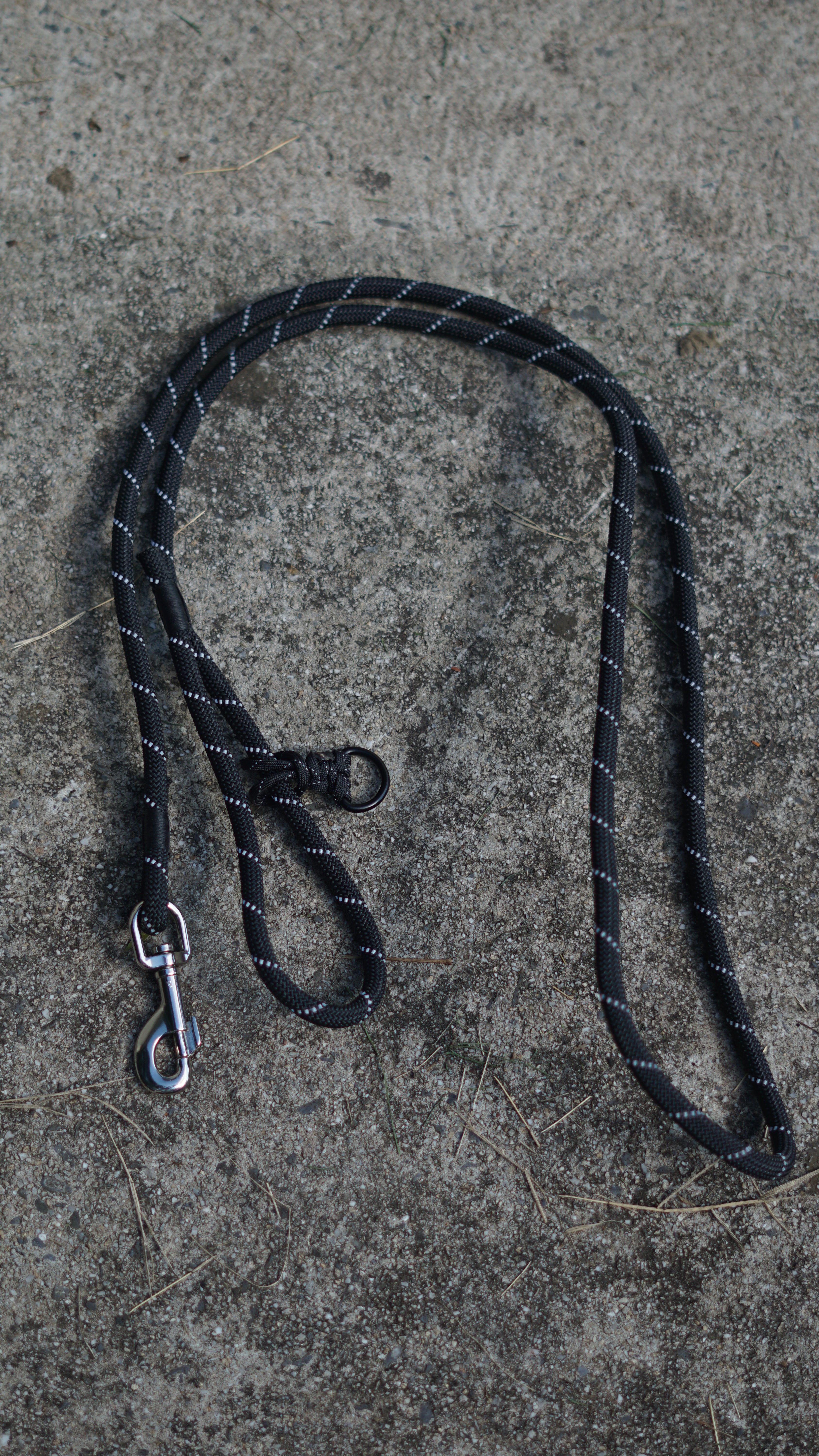 Black dog leash with metal clip on a concrete surface